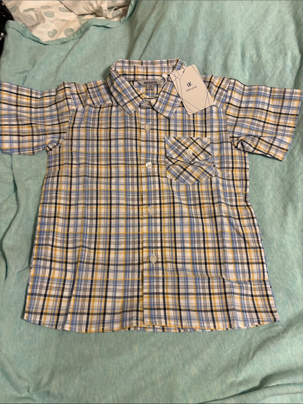 Boys' Short-Sleeve Plaid Button-Down Shirt - Blue & Yellow